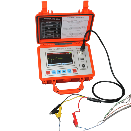 Technician using cable fault locator on underground utilities